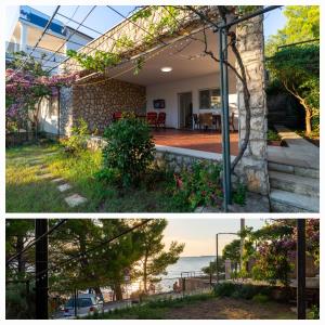 a house with a pergola and a view of the ocean at Beachfront amazing sunset house in Rovanjska