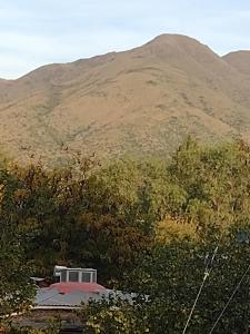 une montagne au loin avec un bâtiment et des arbres dans l'établissement Residencia villa monica, à Capilla del Monte 6 autres photos