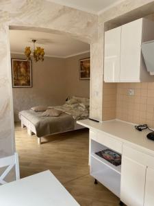 a bedroom with a bed and a kitchen in a room at Pokoje gościnne Orlovo DT in Gdynia