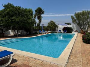 a large swimming pool with blue chairs and trees at Lugar das Andorinhas in Olhos de Água