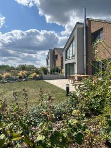 una casa con un giardino davanti di Ferienresort - idyllisches Ferienhaus mit Privatstrand und Sauna in der Nähe von Leipzig #HausJonas a Löbnitz