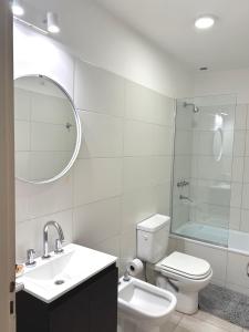 a bathroom with a toilet and a sink and a mirror at Espectacular departamento en Villa Allende in Villa Allende
