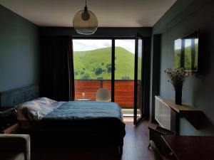 una camera con letto e una grande finestra con vista di Gudauri Twins Blues - Mountain View a Kʼumlistsʼikhe
