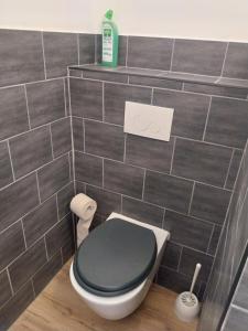 a bathroom with a toilet with a grey tile wall at Logement cabane à la ferme in Sylvéréal +4 photos
