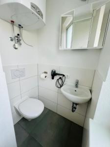 a white bathroom with a toilet and a sink at Jainzen Einzimmerferienwohnung mitten im Zentrum in Bad Ischl +11 photos