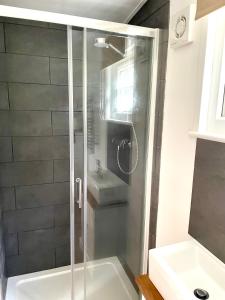 ein Badezimmer mit Dusche und Waschbecken in der Unterkunft Rosewood Shepherds Hut in Ingleby