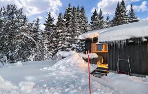 a cabin covered in snow with trees in the background at Månebu in Tunhovd