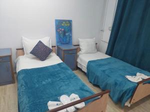two beds in a small room with blue curtains at Casa Emilia Ana Maria in Recaş