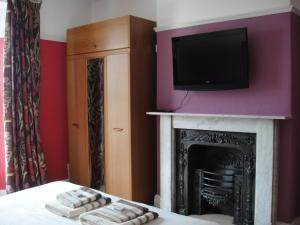 um quarto com uma lareira, uma televisão e uma cama em Bankside Bed & Breakfast em St Austell