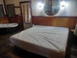 a bedroom with a bed and a tub and a mirror at Big Bear Lake - Tulip Lane Cabin #24 in Big Bear Lake