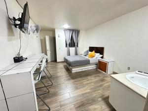 a bedroom with a bed and a desk and a sink at Departamento cómodo y céntrico in Ciudad Guzmán
