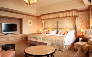 a hotel room with a large bed and a television at Hotel Monterey Grasmere Osaka in Osaka