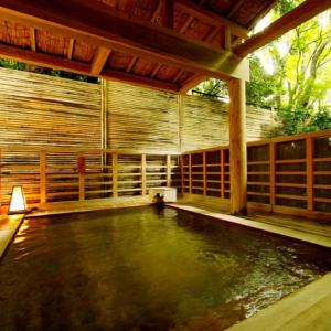 箱根町にある箱根小涌谷温泉水の音の木造の壁の家の水のプール