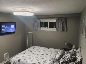 a bedroom with a bed and a tv and a window at Stunning 2 bedroom and 2 bath mobile home in Doylestown