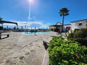 a patio with a pool and a palm tree and the ocean at Casa de Playa en Puerta del Mar in Rosarito