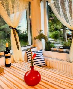 a red vase sitting on a table in front of a window at Cabana Ruku in Muntele Băişorii +74 photos