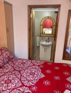 a bedroom with a red bed and a sink at Rivier-Plesier Cottage at Riggton River Farm in Bonnievale