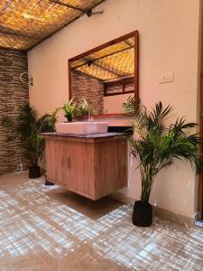 e bagno con vasca, specchio e piante. di Vayu Villa By The Sea a Canacona