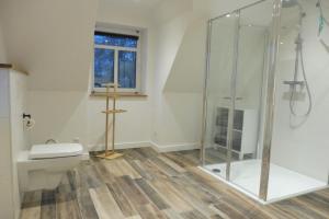 a bathroom with a toilet and a glass shower at Dat rode Huus in Oesterwurth