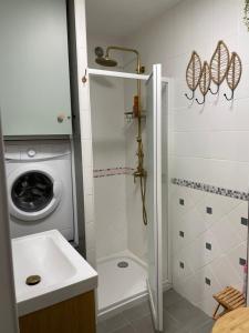 ein Badezimmer mit Dusche und Waschmaschine in der Unterkunft La Bandolaise, studio 25m2 in Bandol