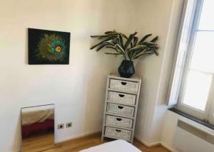 CarcassoneAppartement T2 avec vue château的梳妆台上放植物的卧室