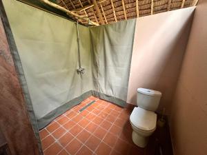 a bathroom with a shower with a toilet in it at Selous River Camp in Kwangwazi +54 photos