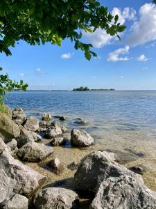 a group of rocks on the shore of a body of water at Landelijk gelegen houten huisje in Opperdoes +19 photos