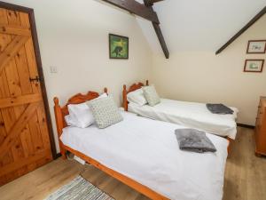 two twin beds in a room with a wooden door at 2 Cheriton Cottages in Pembroke