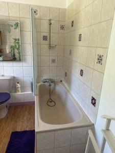 a bathroom with a tub with a shower and a toilet at Maison campagne Normande in Blacqueville +5 photos