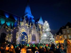una folla di persone in piedi davanti a un edificio con un albero di Natale di Duplex dans le coeur historique de Guérande a Guérande