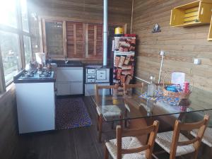 une cuisine avec une table avec des chaises et un réfrigérateur dans l'établissement Chalé com banheira de hidromassagem e mesa de sinuca, à Bom Jardim da Serra