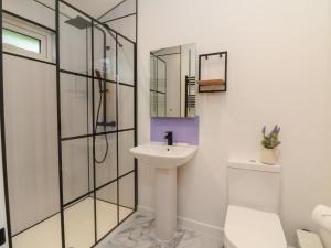 Un baño blanco con lavabo y espejo. en Cove Lodge, en Ilfracombe 31 fotos más