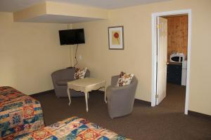 um quarto de hotel com uma cama, uma cadeira e uma mesa em Spring Lake Resort em Dwight