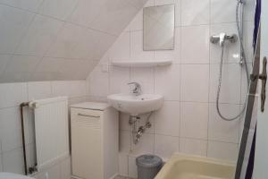 Un baño blanco con lavabo y ducha. en Alte Schule, en Bad Wildungen 11 fotos más