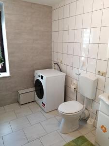 a bathroom with a toilet and a washing machine at Ferienwohnung Moni in Kitzscher +16 photos