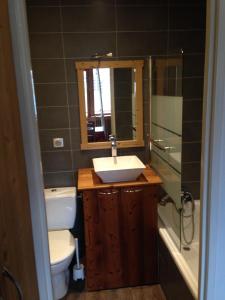W łazience znajduje się umywalka, toaleta i lustro. w obiekcie Spacieux Studio - Les chaudes Almes w mieście Tignes