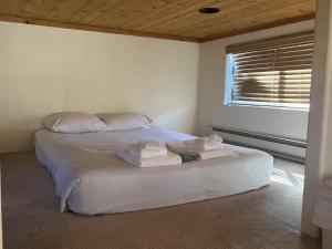 a bedroom with a bed with towels on it at Cabin 41 in Almont
