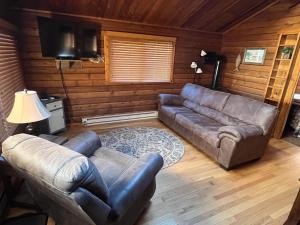 a living room with a leather couch and a table at Cabin 20 in Almont