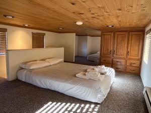 a bedroom with two beds and a wooden ceiling at Cabin 40 in Almont