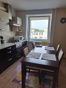 a kitchen with a wooden table and a kitchen with a window at Nakvynė ir poilsis Zarasų mieste visai šeimai in Zarasai