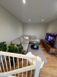 a living room with a couch and a flat screen tv at Large apartment close to ONS in Madla