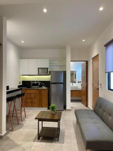 une cuisine et un salon avec un canapé et une table dans l'établissement DOI 45 Apartment, à Playa del Carmen