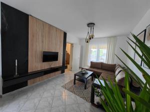 a living room with a couch and a flat screen tv at Kuća za odmor Gornja Tresnjevica in Vrlaja