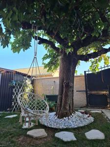 un banc pivotant à côté d'un arbre avec des rochers dans l'établissement Maison avec jardin proche gare, à Belleville-en-Beaujolais