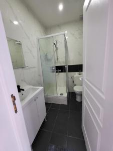 une salle de bain avec une douche, des toilettes et un lavabo dans l'établissement Appart Bruxelles Midi Station, à Bruxelles