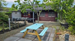 a blue picnic table in front of a house at Balistyle guesthouse incl Jacuzzi near Amsterdam and Schiphol in Vijfhuizen