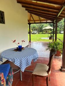 a table with a blue and white checkered table cloth at Finca Villa Oliva in Tablones