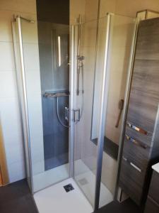 a shower with a glass door in a bathroom at Bimbacher Betten in Bimbach +34 photos