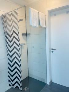 a bathroom with a shower with a glass door at Apartment Scholle Steinbeck in Recke