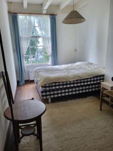 a bedroom with a bed and a chair and a window at Zuidewijn in Sprang-Capelle
